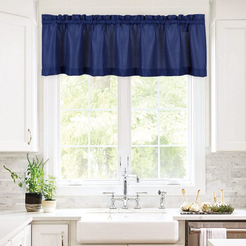 Valea Home Waffle Woven Textured Valance Curtains for Bathroom Water Repellent Window Covering Short Window Curtain, Navy Blue, 60 x16 inches, 1 Panel - Image 2